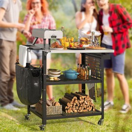 DWVO Outdoor Grill Cart Pizza Oven Table with Stainless Steel Tabletop, 31.5'' L x 27.6'' W Grill Table Movable with Storage 3-Tier Adjustable Shelf, Drop Leaf and Spice Rack for Patio, BBQ