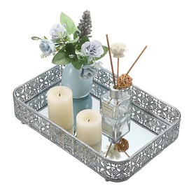ELLDOO Vanity Tray for Bathroom Countertop, Decorative Tray Perfume Tray Mirror Tray Makeup Silver Hollow-Carved Jewelry Tray Glass Metal Trinket Storage Tray Home Organizer for Dresser, Medium Size