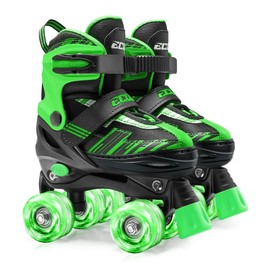 ECOO Roller Skates for Girls Boys Ages 4-12, Toddler Kids 4 Size Adjustable Light up Wheels Beginner Skates (Green, Large-Youth（3-6 US）)