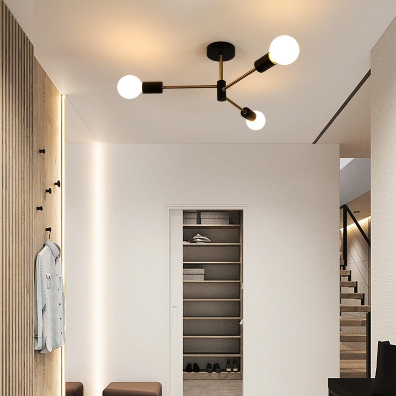 SENQIU Sputnik Ceiling Light, Black Golden Semi Flush Mount Ceiling
