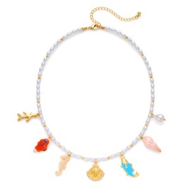 LILIE&WHITE Sea Shell Necklace For Women Gold Charms Necklace Seahorse Seashell Bead Pearl Necklaces Little Fish Conch Pendants Summer Beach Necklaces Jewelry