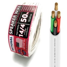 NATIONAL Wire&Cable - 14/4 Audiophile Speaker Wire (50 Feet) 14AWG Gauge - Made in USA - in Wall Audio Speaker Wire Cable/CL Rated/ETL Listed / 2 Conductors - OFC Oxygen-Free Copper, White 50ft