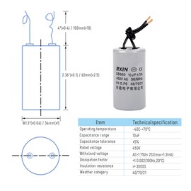 FOCMKEAS CBB60 Run Capacitor 10uF 450V AC 2 Wires 50/60Hz Cylinder 34mmx60mm (DXL) for Washing Machine Air Compressor Water Pump Motor Refrigerators
