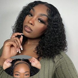 Deep Wave Glueless Lace Front Wigs Human Hair Pre Plucked Pre Cut 4x4 HD Lace Closure Wear and Go Wigs 8 Inch Curly Human Hair Wigs for Black Women Bob Wig Perruque Femme Humain Naturel 180% Density