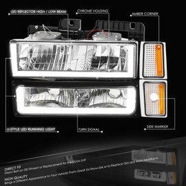 DNA MOTORING U Style LED DRL Headlight+Bumper Signal+Corner Lamps Set Compatible with 88-93 Chevy C/K1500-3500,Chrome/Amber,HL-LB3-8P-C1088-CH-AM