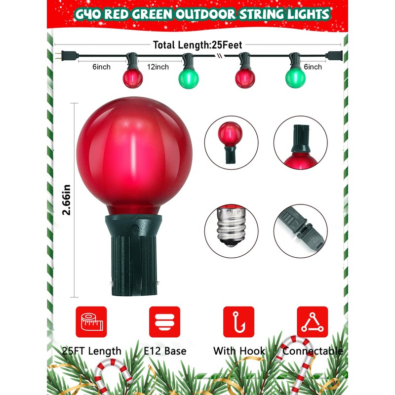 Xingzd 25Ft LED Christmas Outdoor String Lights, G40 Globe String
