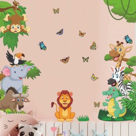 Supzone Jungle Animals Wall Stickers Forest Animals Wall Decal Elephant Monkey Giraffe Lion Wall Decor DIY Vinyl Mural Art for Kids Baby Nursery Bedroom Living Room Playroom