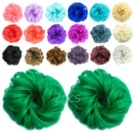 QTHQTFL 2pcs Messy Bun Hair Piece Scrunchie Hair Bun Hair Pieces for Women Girls Elastic Rubber Band Curly Wavy Synthetic Hair Bun Scrunchies Ponytail Extensions (Green)