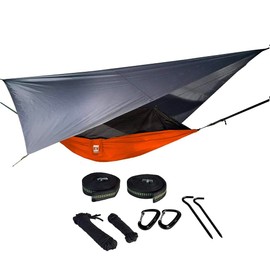 Oak Creek Camping Hammock and Accessories. Complete Package with Mosquito Bug Net, Rain Fly, Tree Straps. Great for Hiking, Backpacking, and Travel. Weighs Only 4 Pounds. Fire Orange and Gray.