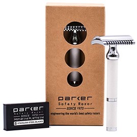 Maquinilla de afeitar de doble filo de Parker 70C (blanca), diseño de peine abierto para un afeitado suave y cómodo, 5 cuchillas Parker Platinum de do