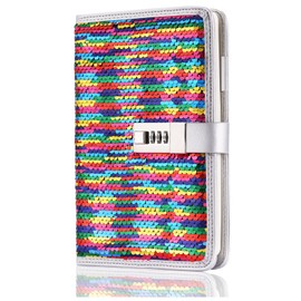 VIPbuy A5 Refillable Diary with Combination Lock, Reversible Sequin Personal Locking Journal Lined Writing Notebook with Card Slots (Rainbow to Silver)