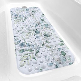 Azppsad Bathtub Mat Non Slip, 40x16 inch Bath and Shower Safety Mats, Watercolor Green Leaves and Branches Tub Mat for Bathroom, Tub Shower Mat with Drain Holes and Suction Cups