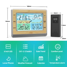 OBEST Wireless Weather Station Indoor Outdoor Thermometer, 6 Inch LCD Color Screen Temperature Humidity Monitor with Barometer, Calendar, Suitable for Office, Baby Room