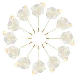 M METERXITY 12-Pack Flower Lapel Pins for Men, Golden Leaf Rose Boutonnieres Pin for Wedding/Dance/Party, Mens Lapel Pins for Suits Satin Flower Corsage Hat Pins [Cream White]