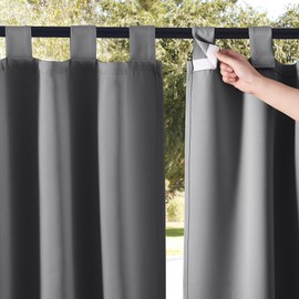 NICETOWN 2 Panels=104" Width Patio Curtains Outdoor Waterproof Extra Long 108" Length, Self-Stick Tab Top Thermal Insulated Blackout Vertical Drape Window Treatment for Lawn & Garden, Grey