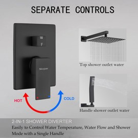 Monjuae 12 Inch Bathroom Shower Faucet Set, Shower Head System with Rain Shower and Handheld, Included Solid Brass Pressure-balanced Valve Rain Shower System, Matte Black Shower Valve Kit