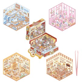 6 Sets 3D Sticker Scene Sticker Therapy DIY 3D House Stickers Make Your Own Supermarket, Restaurant Scene Sticker for Adult Kid Relief Stress Pass The Time with Tweezers