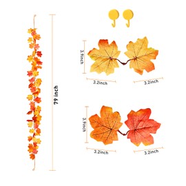 2 Pack Fall Maple Leaf Garland,6.6ft/String Hanging Vine Artificial Autumn Leaves Thanksgiving Decorations for Home Wedding Fireplace Party Thanksgiving, Christmas (Orange)