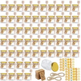 CRTWDMAN 60 Pack Mini Honey Jars/Pot Metal Lids,1.5 oz Glass ,Wooden Dippers,Bee Charms,Jutes,Stickers,Small,Tiny, Baby Shower Wedding Party Favors