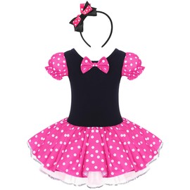 IWEMEK Girls Kids Vintage Polka Dots Christmas Princess Dress Cosplay Fancy Ballet Dance Costume Leotard Tutu Skirt Pageant Party Birthday Outfits with Mouse Ear Headband Rose 18-24 Months