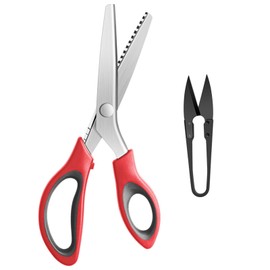KUONIIY Pinking Shears Serrated, Comfort Grips Handled, Professional Dressmaking Sewing Craft, Zig Zag Cut Scissors, 9 Inch, Red Black
