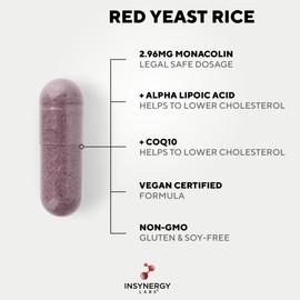 Insynergy Labs Red Yeast Rice with CoQ10 & Alpha Liopic Acid (3 Cholesterol Lowering Ingredients) Supplement Coenzyme Q10 Red Yeast Cholesterol Lowering Supplements 120 Vegan Capsules
