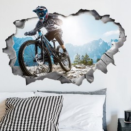 SUPERDANT 3D Bicycle Motocross Wall Decals Mountain Bike Wall Stickers Break Through The Walls Art Murals Peel and Stick Adhesive Sticker for Livingroom Bedroom Kids Room Outdoor Sport Lover