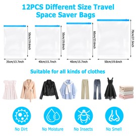 SENLINLIN Seal Travel Space Saver Bags, 12Pack Reusable Vacuum Travel Storage Bag for Clothes, Saves 75% of Storage Space, Roll-Up Compression, No Need For Vacuum Machine Or Pump, 4 different Size