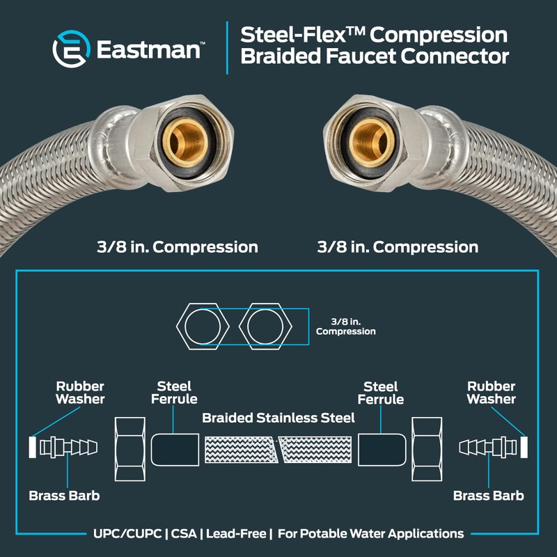 Eastman 48082 Stainless Steel Supply Connector, 3/8" COMP x 3/8"