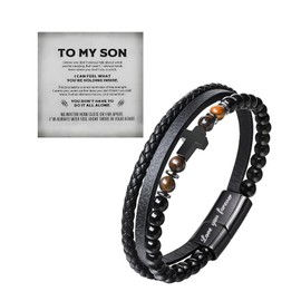 To My Son Cross Bracelet For Men, Double-Row Black Agate Rosary Obsidian Beaded Braided Leather Bracelets Stainless Steel Engarved With Love You Forever Bangle Faith Religious Jewelry Gift (Tiger Eye-Black)