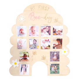 WAOUH My First Bee Day Photo Wood Board - Newborn 1 to 12 Months Photos Display,Little Bees First Year Milestone Photos,Monthly Honey Daisy Photo Board,Bee 1st Birthday Party Decorations