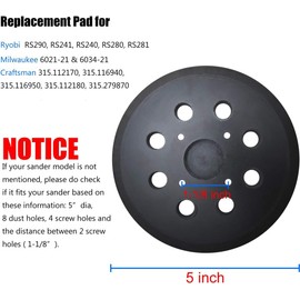 2 Pack 5" Universal Hook and Loop Orbital Sander Pad for Ryobi RS290, RS240, RS280, Milwaukee 6021-21, 6034-21, Craftsman 315112170, 315116940 ROS Orbital Sander