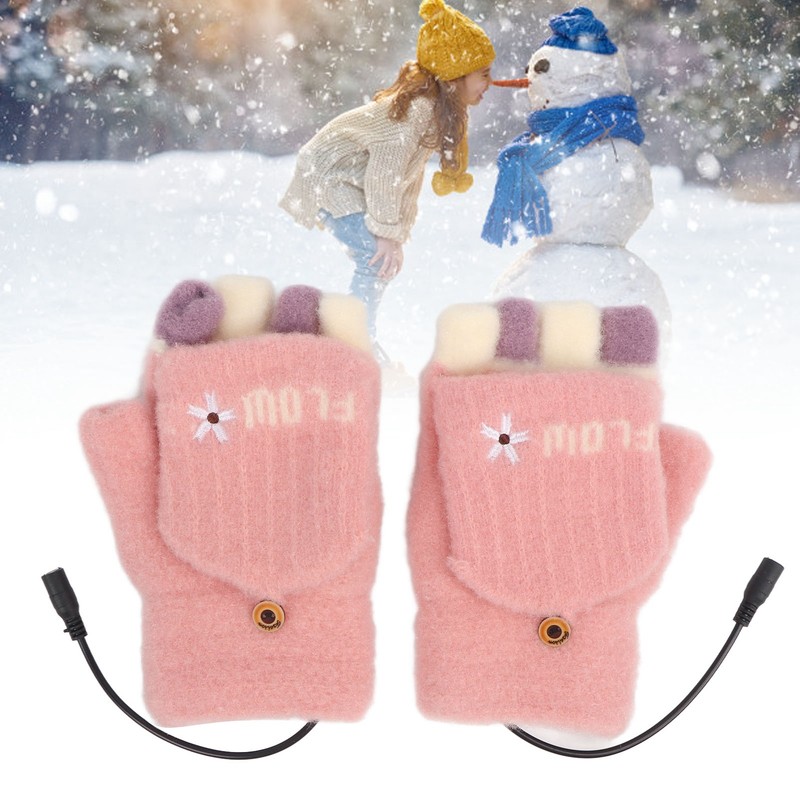 USB Heating Winter Gloves Cotton Knit Washable Women USB Fingerless