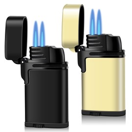 Mini Double Torch Lighter Windproof Butane Refillable Lighters Compact Pocket Gas Torch with Dust Cover, 2 Pack (Butane Not Included) (Black+Gold)