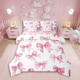 Erosebridal Kawaii Bowknot Girls Bed in A Bag with Sheets Dreamy Princess Style Full Comforter Set 7 Piece for Kids Teen Women,Girly Cute Bow Bedding Set Pink Bow Tie Bed Set Bedroom Decor