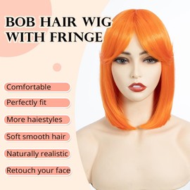 DÉBUT Straight Bob Hair Orange Wig with Fringe for Women Heat Resistant Synthetic Glueless Lace Wigs with Bangs for Daily Party Cosplay Wear（10 inches, ORANGE）