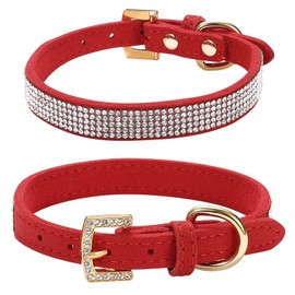 LOVPE Rhinestone Dog Collar,Golden Diamond Buckle and Suede Leather with Crystal Diamond Pet Dog Collar Beautiful and Sparkly Dog Cat Rhinestone Collar for Small Dogs/Cats (S, Red)
