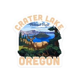 Die Cut Sticker Crater Lake National Park, Oregon, Deer Family, Contour Vinyl Sticker 1 to 3 inches (Waterproof Decal for Cars, Water Bottles, Laptops, Coolers), Small