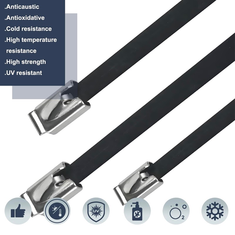 Duthcbw 100PCS 11.8" Black Epoxy Coated Metal Zip Ties, Heavy