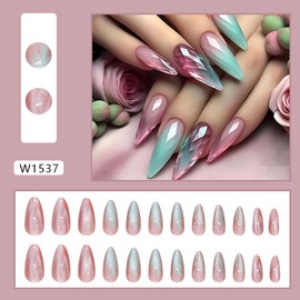 Medium Length Press on Nails Almond False Nails Gradient Artificial Acrylic Nails Fashion Charm Stick on Nails Full Cover Glossy Reusable Colorful False Nails Glue on Nails for Women Girls 24Pcs