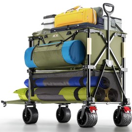 Overmont 400L Double Decker Wagon, Heavy Duty 450lbs Capacity Collapsible Wagon Cart with 47" Extender, Large Folding Utility Wagon with All-Terrain Wheels for Camping, Beach, Gardening, Green