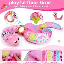 2 in 1 Baby Tummy Time Mat & Support Seated Pillow Infant Newborn Toys 0 1 2 3 4 5 6 Months Pink Caterpillar Sensory Developmental Playmat 0-6 3-6 Month Babies Mirror Shower Birthday Christmas Gifts
