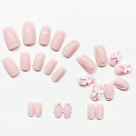 UEYRSEDB French Tip Press on Nails Medium Square Fake Nails with Glue 3D Pink Bow Pearl Charms Design White French False Nails Cute Glue on Nails Acrylic Stick on Nails for Women Girls 24Pcs