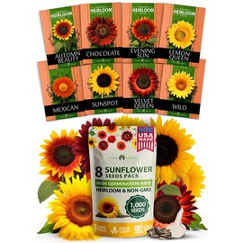 Home Grown Sunflower Seeds for Planting 8 Varieties - 1000+ Seeds Including Mexican, Sunspot, Velvet Queen, Wild, and Lemon Queen