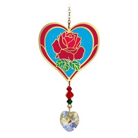 Birthmonth Flower Sun-Catcher Mobile - Stained Glass Effect - Sparkling Crystal Heart Adorned - Embellished with Hand-Crafted Beadwork (June - Rose with Heart)