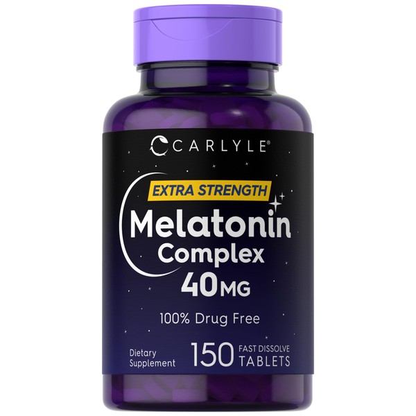 Melatonin 40mg | 150 Fast Dissolve Tablets | Extra Strength Support | Complex with Ashwagandha and Chamomile | Vegetarian, Non-GMO, Gluten Free Supplement | by Carlyle