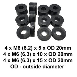 Black Nylon Spacers Standoff Washers 6mm (M6) 4 x 5mm, 4 x 10mm, 4 x 15mm OD 20mm, Pack of 12