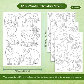 BENECREAT 4 Sheets 42Pcs Zoo Animals Water Soluble Embroidery Patterns, Land and Ocean Animals Hand Sewing Stabilizers Stick and Stitch Embroidery Paper for Shirts, Coats, Bags, Towels