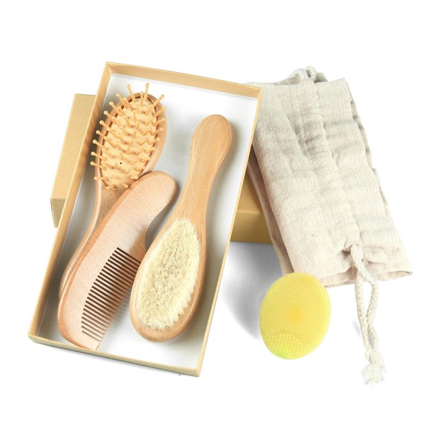 Baby Hair Brush and Comb Set (4-Piece) for Newborn - Wooden Baby Hairbrush Set，A Beechwood Brush, Baby Airbag Brush, Beech Handle Brush, and Prevent Cradle Cap Silicone Brush - Ideal Registry Gift