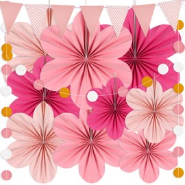 Pack of 9 Paper Flowers for Hanging, Paper Fan Paper Flowers Decoration with 2 Pieces Pull Flags, Flowers for Crafts, Garden Party Decoration, Flowers Paper Party Decoration for Wedding, Birthday,